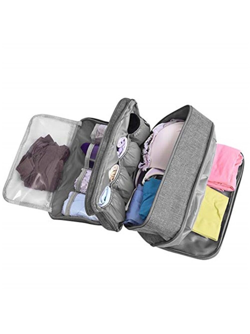 Grey Travel Packing Cube Underwear Bra Organizer Bag 3 Zip Compartments